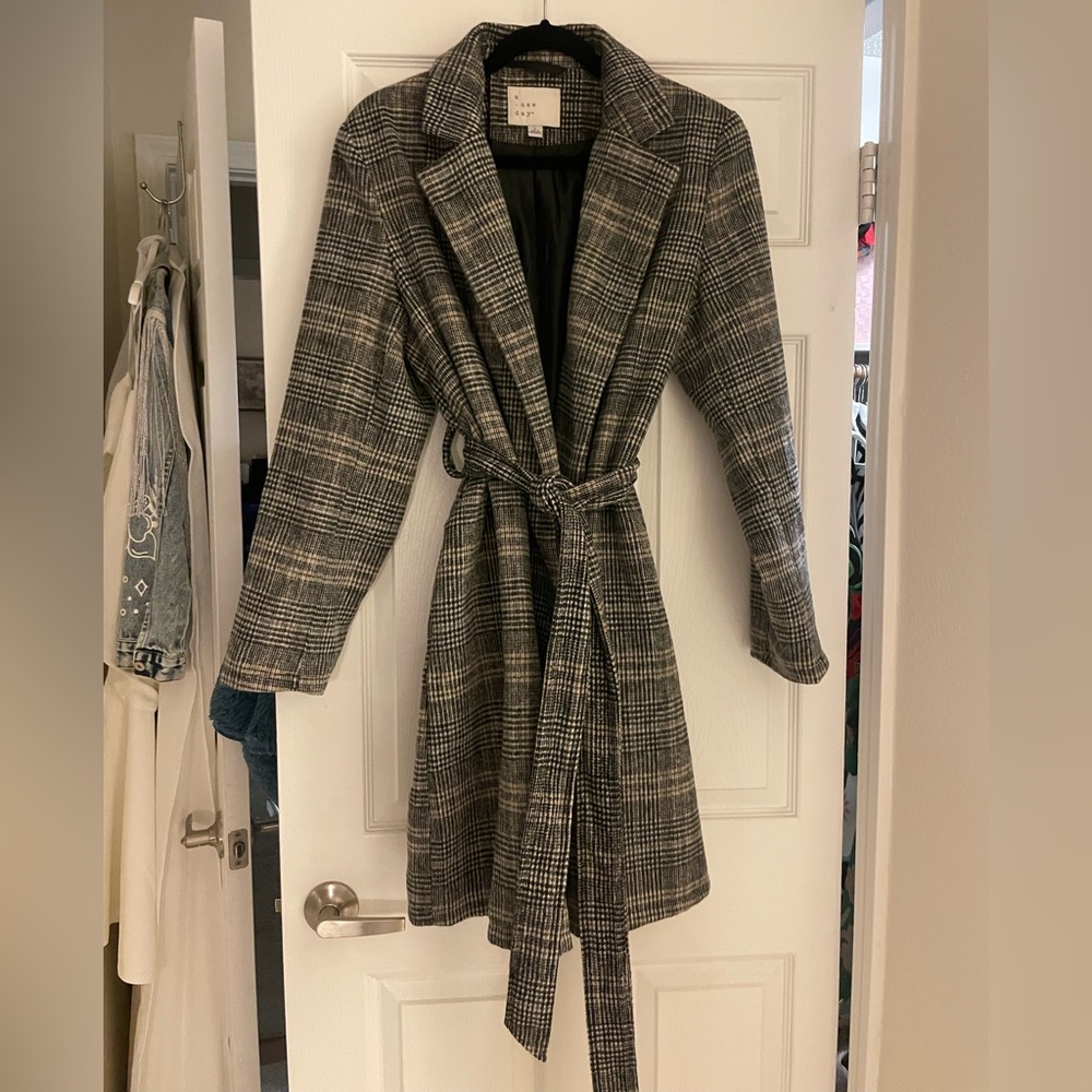 Target A New Day gray grey checkered plaid belt coat szL large